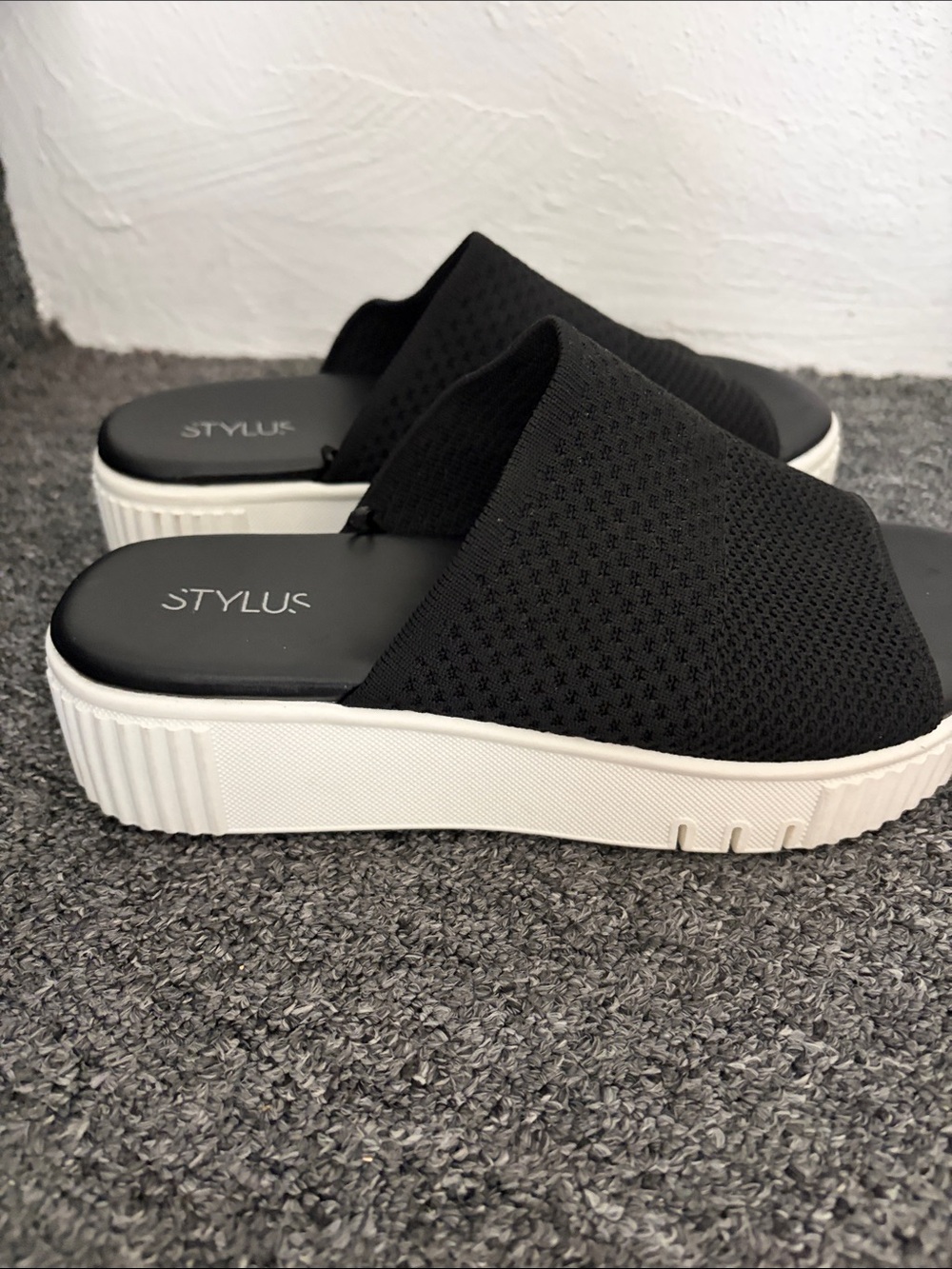 STYLUS Black Knit Platform Slide Mules with White Sole